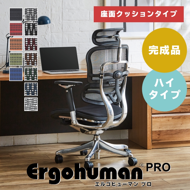 【組立不要】 エルゴヒューマン プロ 座面クッションタイプ ヘッドレスト付き ハイタイプ EHP-HBM オフィスチェア  （ワークチェア/デスクワーク/在宅勤務/開梱設置）