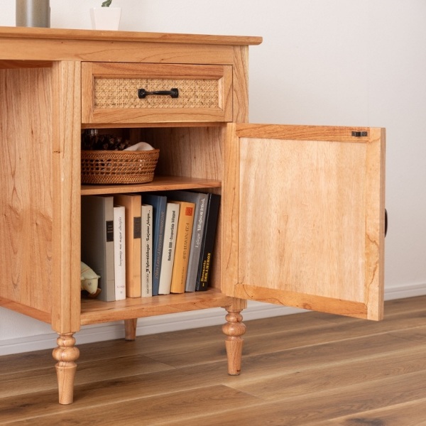 天然木とラタンの素材感を活かした収納付きデスク(天然木/ラタン/一人