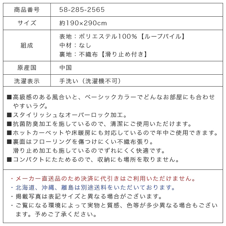 抗菌・防臭加工がされたベーシックカラーのシンプルなラグ 約190×290cm