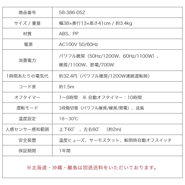 最大1200Wのハイパワーでリビングなどの広い部屋も暖める 人感/室温